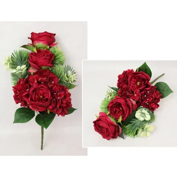 umělá květina Smíšený buket RŮŽE, HORTENSIE výška 55 cm, 11 stonků (6 květů 14-10 cm) ČERVENÁ