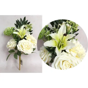 umělá květina Smíšená kytice RŮŽE, LILIE, DALIE výška 42 cm 7 stonků (hlávky 5-13 cm) BÍLÁ