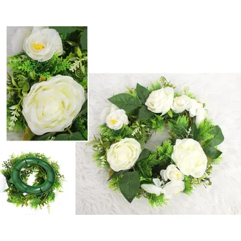 umělá květina Věnec RŮŽE, KAMÉLIE 32 cm (3 růže 9x5 cm, 9 kamélií 5x2,5 cm) - KRÉMOVÝ