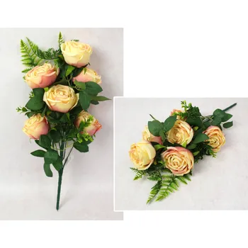umělá květina Kytice RŮŽE s doplňky výška 50 cm, 9 stonků (6 květů 9x5 cm) ŽLUTO-RŮŽOVÁ