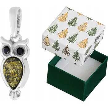 Přívěsek Stříbrný Přívěsek Sova se Zeleným Jantarem a Zirkony Malý Přívěsek Sovička