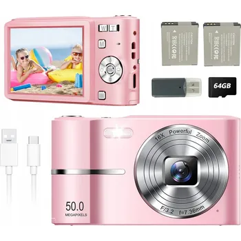 Digitální kompakt DIGITÁLNÍ FOTOAPARÁT HD 4K 50MP 16X ZOOM SE 2*700 MAH BATERIEMI A 64 GB KARTOU RŮŽOVÝ