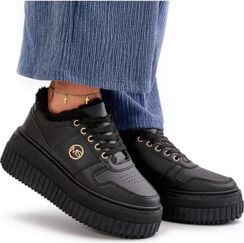 Dámské tenisky TENISKY NA MASIVNÍ PODRÁŽCE ŠNĚROVACÍ ZATEPLENÉ KOŽÍŠKEM ČERNÉ 37