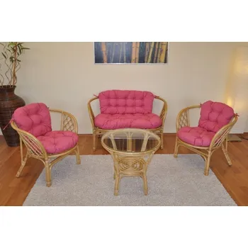 Obývací pokoj Axin Trading s.r.o. Ratanová sedací souprava Bahama medová velká polstry malinový melír