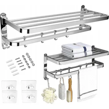 Držák na ručník SKLÁDACÍ VĚŠÁK NA RUČNÍKY S POLIČKOU DO KOUPELNY - LOFT STYL, ZÁVĚSNÝ, S HÁČKY