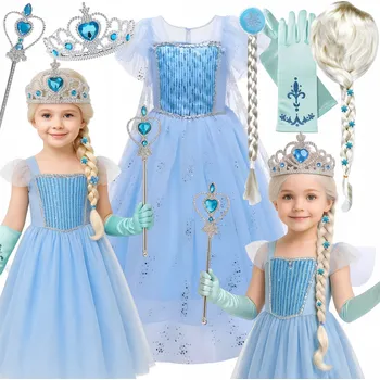 Karnevalový kostým KOSTÝM ŠATY PŘEVLEK ELSA ELZA LEDOVÉ KRÁLOVSTVÍ NA KARNEVALOVÝ PLES 140 146 CM