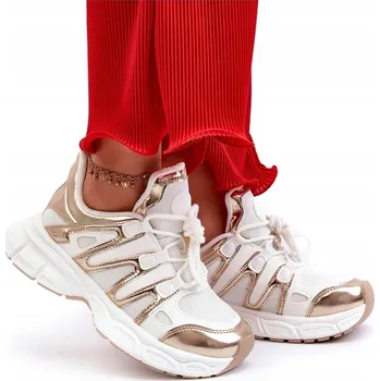 Dámské tenisky DÁMSKÉ MÓDNÍ TENISKY NA ŠNĚROVÁNÍ POHODLNÉ BÍLO-ZLATÉ 38