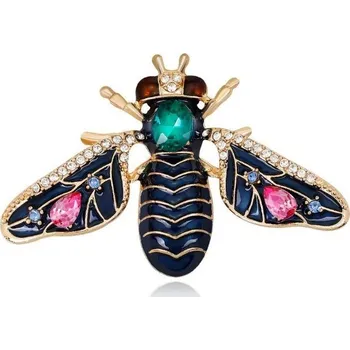 Brož ELEGANTNÍ DÁMSKÁ BROŽ S KRYSTALKY - TMAVĚ MODRO ZLATÝ HMYZ