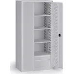 B2B Partner Policová dílenská skříň na nářadí KOVOS, perforovaný panel, 4 police, 2 zásuvky, 950 x 600 x 1950 mm, šedá