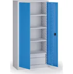 B2B Partner Policová dílenská skříň 2-dveřová, 4 police + 2 zásuvky, 1950 × 950 × 500 mm, modré dveře