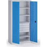B2B Partner Policová dílenská skříň 2-dveřová, 4 police + 4 zásuvky, 1950 × 950 × 500 mm, modré dveře
