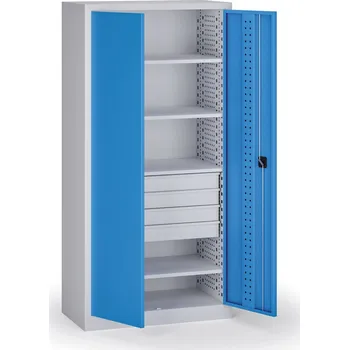 B2B Partner Policová dílenská skříň 2-dveřová, 4 police + 4 zásuvky, 1950 × 950 × 500 mm, modré dveře