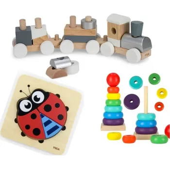 Dřevěná hračka Sada tří hraček pro nejmenší – Dřevěný vláček | Baby Puzzle Beruška | Duhová pyramida