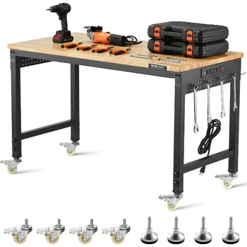 Dílenský stůl Vevor Pracovní stůl nast 1219 mm, 907 kg, zás./kolečka/pegboard, dub. deska