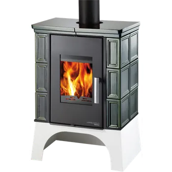 Krbová kamna EBOLI AL II s vým.+vychl. smyčka, kachle zelená, podstavec bílý