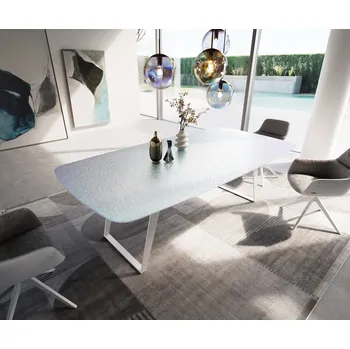 Jídelní stůl DELIFE Jídelní stůl Edge oválný 240x120 cm reliéfní sklo perleť 3D design kov šikmý bílý