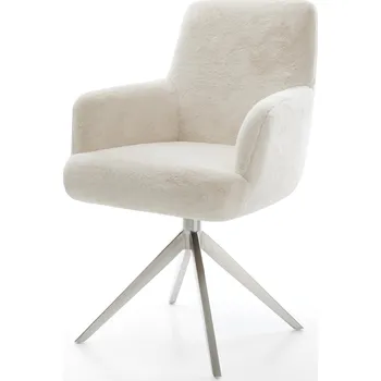 Jídelní židle DELIFE Jídelní židle Heira-Flex s područkami plyšový manšestr krémová bílá široká nerezová ocel křížová podnož otočný 360° houpací funkce taštičkové pružiny