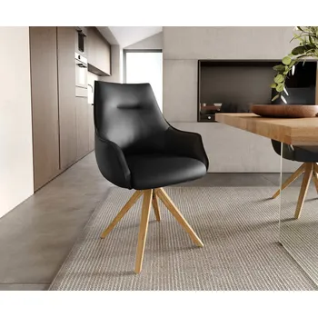 Jídelní židle DELIFE Jídelní židle Alja-Flex s područkami pravá kůže černá dřevěná podnož hranatá přírodní 180° otočná taštičkové pružiny