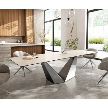 Jídelní stůl DELIFE Jídelní stůl Edge 300x100 keramika Laminam® Travertino Bianco krémová bílá Prisma Metallic stříbrná