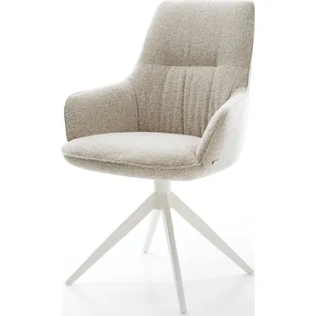 Jídelní židle DELIFE Jídelní židle Zelia-Flex s područkami tkanina Měkký béžová křížová podnož široká bílá otočná o 360° houpací funkce taštičkové pružiny