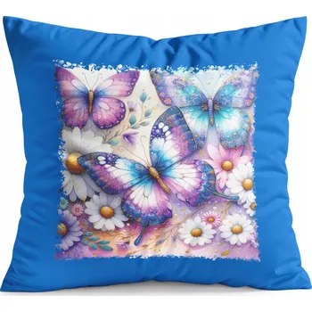 Polštář POLŠTÁŘ MODRÝ DÁREK - MOTÝL MOTÝLI HMYZ KŘÍDLA JARO KVĚTINY