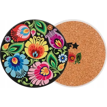 KERAMICKÁ PODLOŽKA POD HRNEK FOLK - KVĚTY Z ŁOWICZ - ČERNÁ FOLKSTAR