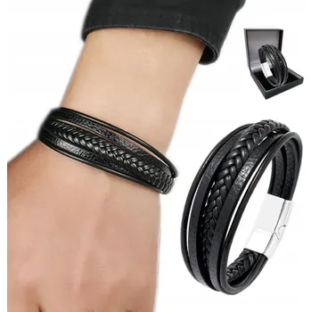 Náramek BRANSOLETKA SKÓRZANA MĘSKA ELEGANTNÍ GRUBA NÁRAMEK JAKO DÁREK + DÁREK
