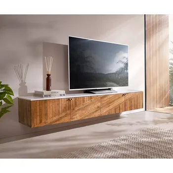 Televizní stolek DELIFE TV stolek Bahan 200 cm mango teak 4 dvířka mramorová deska bílá závěsný