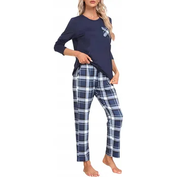 Dámské pyžamo Dámské dvoudílné pyžamo kostkované podzimní zimní tmavě modré S