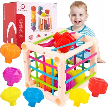 Hračka pro nejmenší ELASTICKÁ SENZORICKÁ KOSTKA MONTESSORI TŘÍDIČ KOSTEK gumičky chrastítka