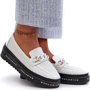 Dámské mokasíny DÁMSKÉ KOŽENÉ MOKASÍNY NA PLATFORMĚ S ŘETĚZEM S.BARSKI LR618 BÍLÉ 38