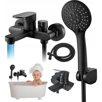 Vodovodní baterie ČERNÁ VANOVÁ BATERIE NÁSTĚNNÁ Z MOSAZI SE ZLATÝM ODSTÍNEM S 3-FUNKČNÍ SPRCHOVOU HLAVICÍ