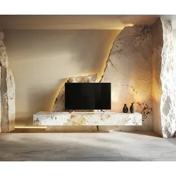 Televizní stolek DELIFE TV stolek Cuor 200 cm keramika Minas Melange bílá béžová 1 výklopná dvířka 1 zásuvka závěsný