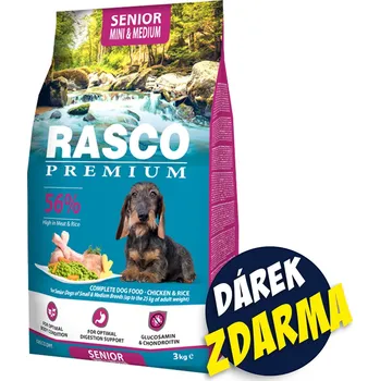 Krmivo pro psa Krmivo Rasco Premium Senior Mini & Medium kuře s rýží 3 kg+Pochoutka Rasco Premium 80 g