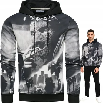 Pánská mikina Pánská mikina s kapucí s potiskem Lehce zateplená Černo-bílá XL