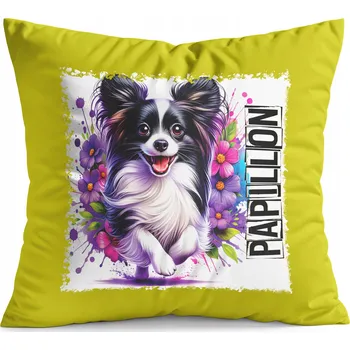 Polštář POLŠTÁŘ ŽLUTÝ DÁREK - PES PSI PEJSEK PLEMENO PAPILLON