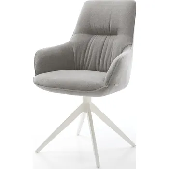 Jídelní židle DELIFE Jídelní židle Zelia-Flex s područkami potahová látka Měkký šedá křížová podnož široká bílá 360° otočná houpací funkce taštičkové pružiny
