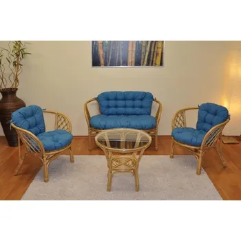 Nábytek Axin Trading s.r.o. Ratanová sedací souprava Bahama medová velká polstry tyrkysový melír