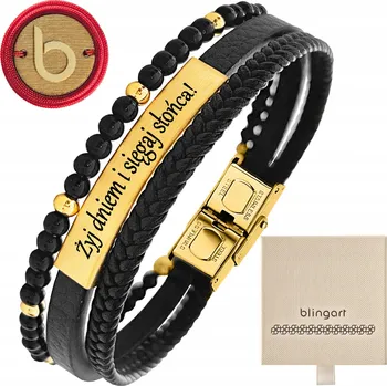Náramek Pánský náramek BLINGART S GRAVÍROVÁNÍM a zlatými a černými korálky KŮŽE
