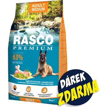 Krmivo pro psa Krmivo Rasco Premium Adult Medium kuře s rýží 3kg+Pochoutka Rasco Premium 80g