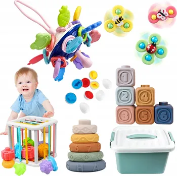 Hračka pro nejmenší EDUKAČNÍ MĚKKÉ silikonové STAVEBNICE SENZORICKÉ Sada 6v1 Věž Příslušenství