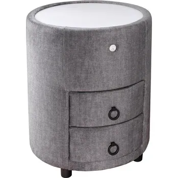 Noční stolek Art deco designový noční stolek Aluro se dvěma šuplíky s šedým sametovým potahem a kulatou bílou deskou s podvícením 55 cm