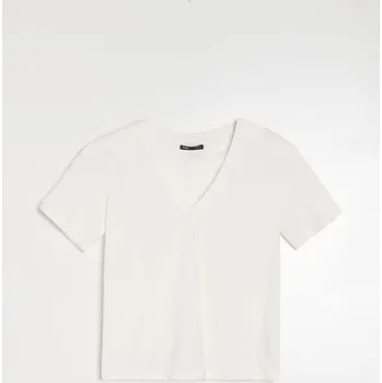 Dámské tričko Sinsay - Bavlněné tričko s výstřihem do V - krémová - 523EU-01X - 523EU-01X-L