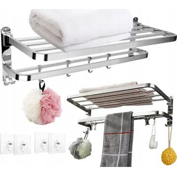 Držák na ručník SKLÁDACÍ VĚŠÁK NA RUČNÍKY S POLIČKOU DO KOUPELNY - LOFT STYL, ZÁVĚSNÝ, S HÁČKY