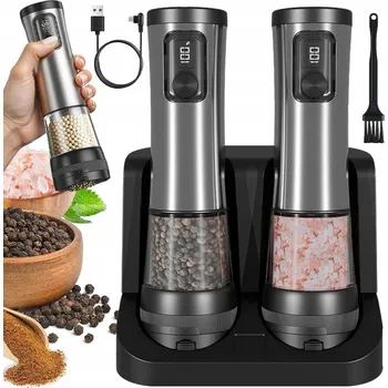 Kuchyňský mlýnek SADA 2 KS ELEKTRICKÝ MLÝNEK NA SŮL PEPŘ KOŘENÍ REGULACE + PODSTAVEC