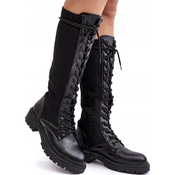 Dámská obuv DÁMSKÉ KOZAČKY S ELASTICKÝM SVRŠKEM ŠNĚROVACÍ NAD KOLENO ČERNÉ 38