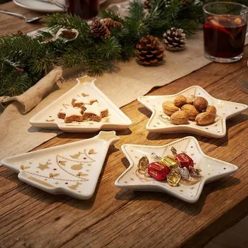 Sada vánočních talířků ve tvaru stromečku a hvězdy EASY LIFE bílo-zlaté 4 ks