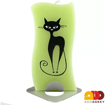 Svíčka Ručně malovaná zelená svíčka s kočkou 14 cm v kovovém stojánku (Svíčka s obrázkem kočky)