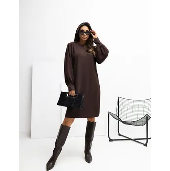 Dámské šaty Čokoládově hnědé dámské viskózové mini šaty s balónovými rukávy RV-SK-A1059.17-DARK BROWN Velikost: S/M