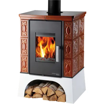 Krbová kamna EMPOLI AL II s vým.+vychl. smyčka, kachle karamel, podstavec bílý